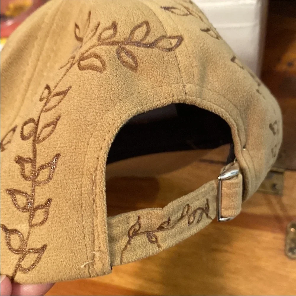Tan Suede Cap with hand burned vines